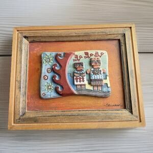 Vtg Pablo Seminario Folk Art Wall Tile Peruvian Framed Signed Native Ceramica